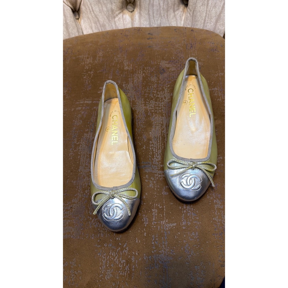 Chanel Sage Green Patent Leather Silver Cap Toe Ballet Flats CC Logo EU 35
